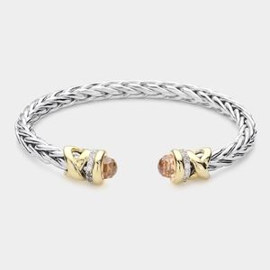 Peach CZ Stone Tip Twist Rope Cable Cuff Bracelet Bangle Textured Metal Two Tone
